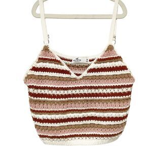Hollister Women's Striped Knit Top Pink and Brown Crochet Beachy Summer Festival